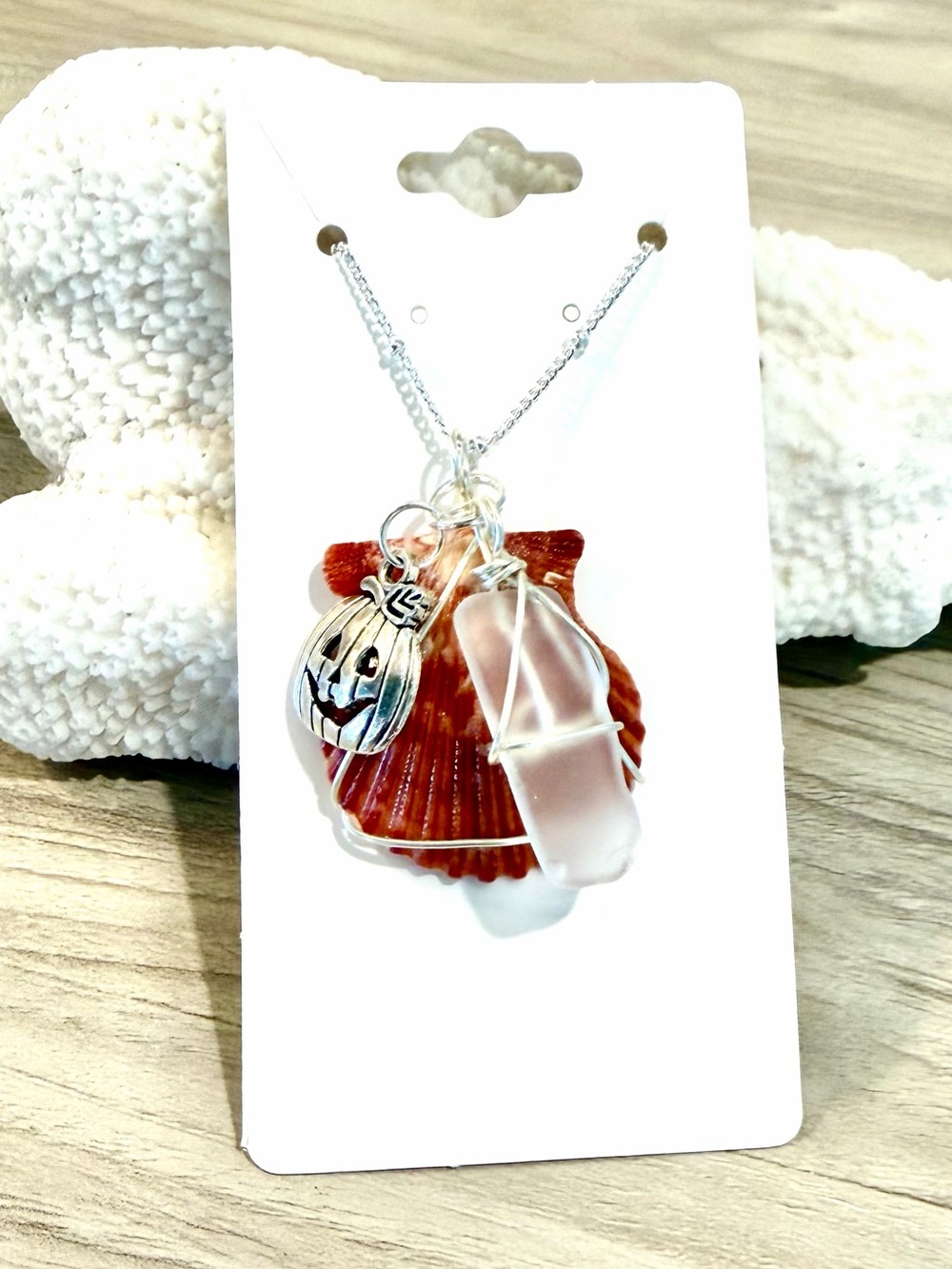 128. ๐๐๐ Shell and sea glass Necklace with pumpkin charm